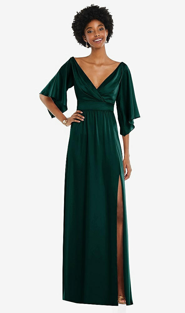 Front View - Evergreen Asymmetric Bell Sleeve Wrap Maxi Dress with Front Slit