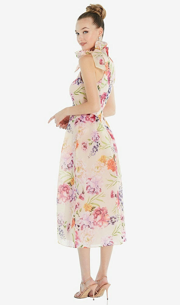 Back View - Penelope Floral Print Scarf-Tie High-Neck Halter Pink Floral Organdy Midi Dress