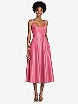 Front View Thumbnail - Punch Square Neck Full Skirt Satin Midi Dress with Pockets