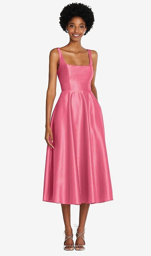 Front View - Punch Square Neck Full Skirt Satin Midi Dress with Pockets