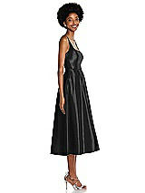 Side View Thumbnail - Black Square Neck Full Skirt Satin Midi Dress with Pockets