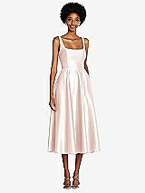 Front View Thumbnail - Blush Square Neck Full Skirt Satin Midi Dress with Pockets