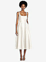 Front View Thumbnail - Ivory Square Neck Full Skirt Satin Midi Dress with Pockets