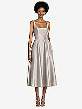 Front View Thumbnail - Taupe Square Neck Full Skirt Satin Midi Dress with Pockets