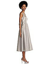 Side View Thumbnail - Taupe Square Neck Full Skirt Satin Midi Dress with Pockets