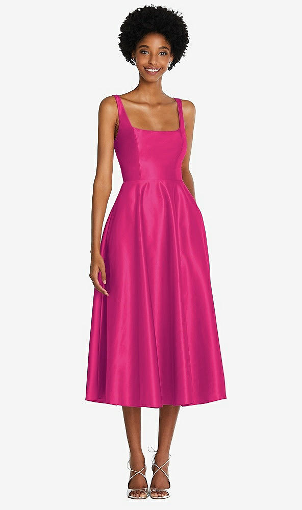 Front View - Think Pink Square Neck Full Skirt Satin Midi Dress with Pockets