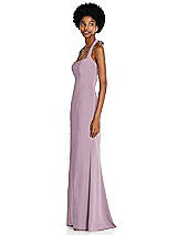 Side View Thumbnail - Suede Rose Tie Halter Open Back Trumpet Gown 