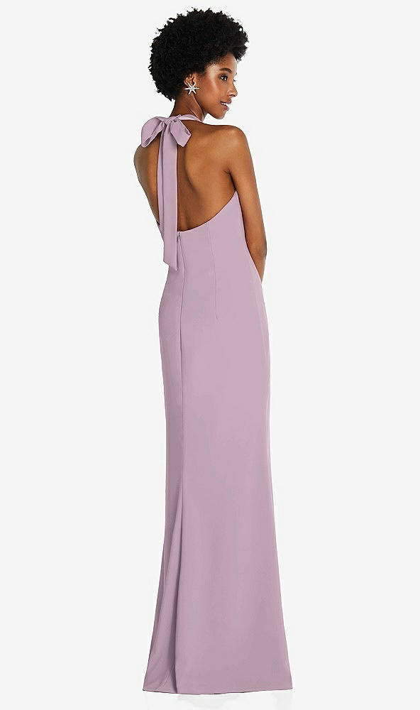 Back View - Suede Rose Tie Halter Open Back Trumpet Gown 