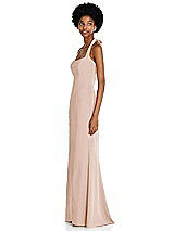 Side View Thumbnail - Cameo Tie Halter Open Back Trumpet Gown 