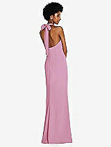 Rear View Thumbnail - Powder Pink Tie Halter Open Back Trumpet Gown 