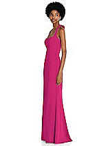Side View Thumbnail - Think Pink Tie Halter Open Back Trumpet Gown 