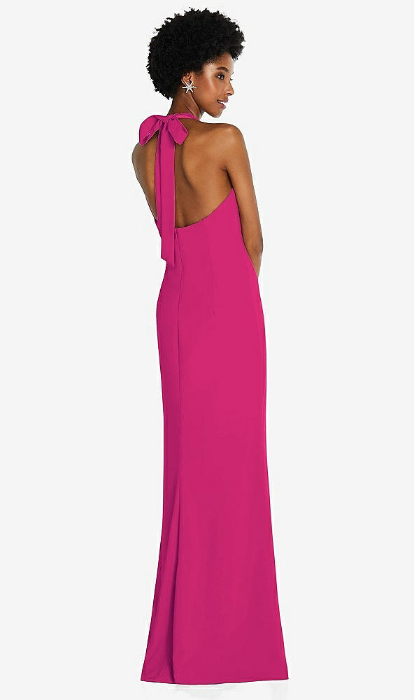 Back View - Think Pink Tie Halter Open Back Trumpet Gown 