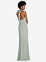 Rear View Thumbnail - Willow Green Tie Halter Open Back Trumpet Gown 