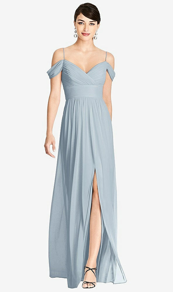 Front View - Mist Pleated Off-the-Shoulder Crossover Bodice Maxi Dress
