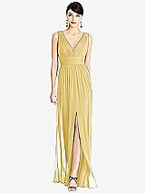 Front View Thumbnail - Maize & Light Nude Illusion Plunge Neck Shirred Maxi Dress