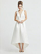 Front View Thumbnail - Off White Deep V-Neck High Low Satin Wedding Dress with Pockets