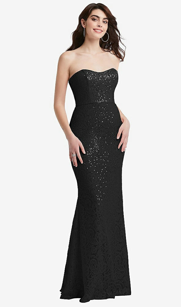 Front View - Black Sweetheart Strapless Sequin Lace Trumpet Gown