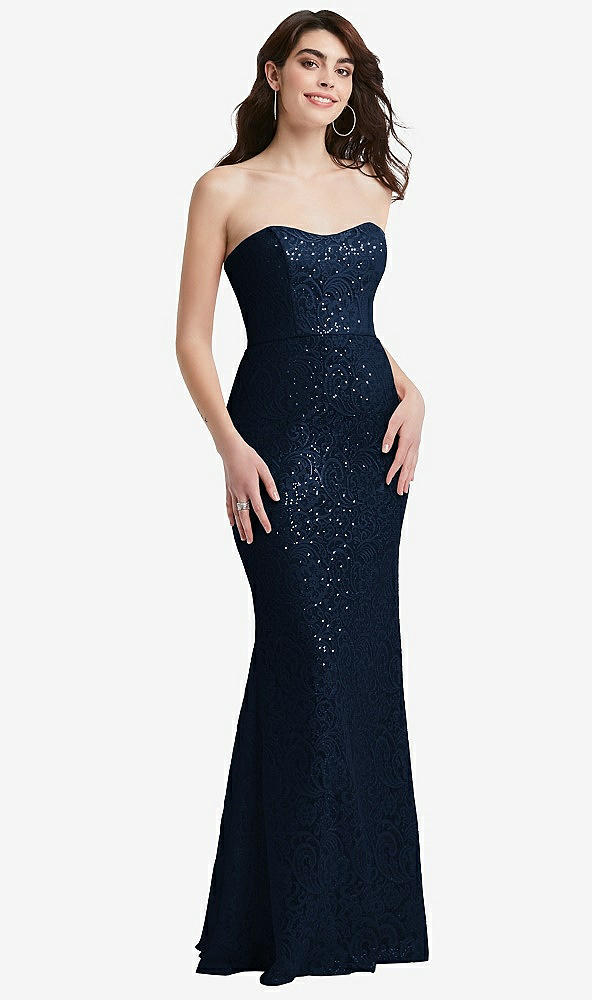 Front View - Midnight Navy Sweetheart Strapless Sequin Lace Trumpet Gown