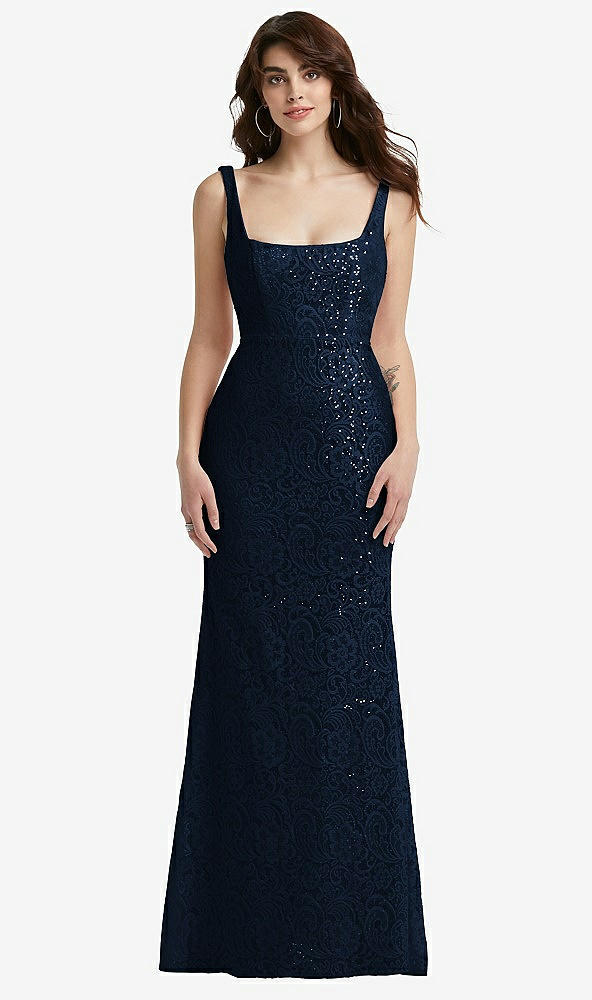 Front View - Midnight Navy Scoop Back Sequin Lace Trumpet Gown