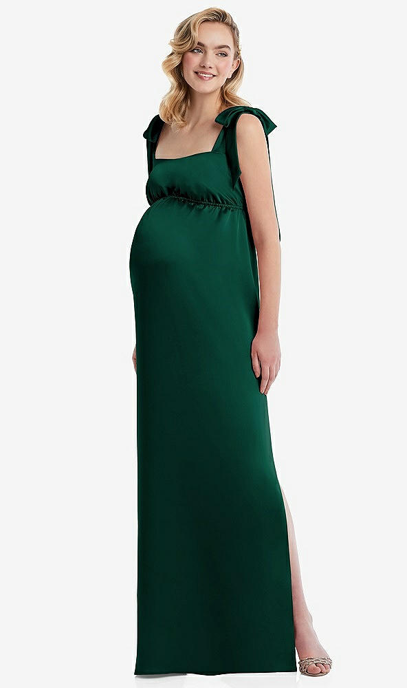 Front View - Hunter Green Flat Tie-Shoulder Empire Waist Maternity Dress