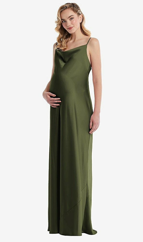 Front View - Olive Green Cowl-Neck Tie-Strap Maternity Slip Dress