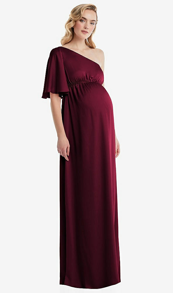 Front View - Cabernet One-Shoulder Flutter Sleeve Maternity Dress