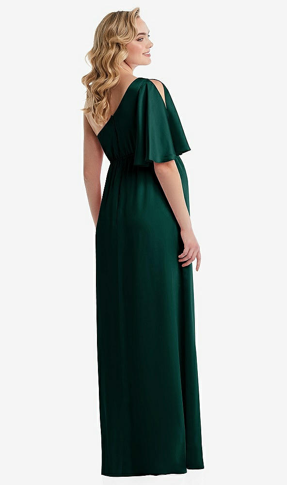 Back View - Evergreen One-Shoulder Flutter Sleeve Maternity Dress