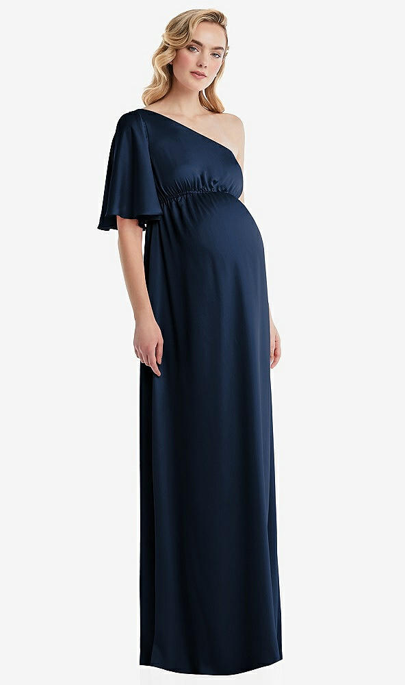 Front View - Midnight Navy One-Shoulder Flutter Sleeve Maternity Dress