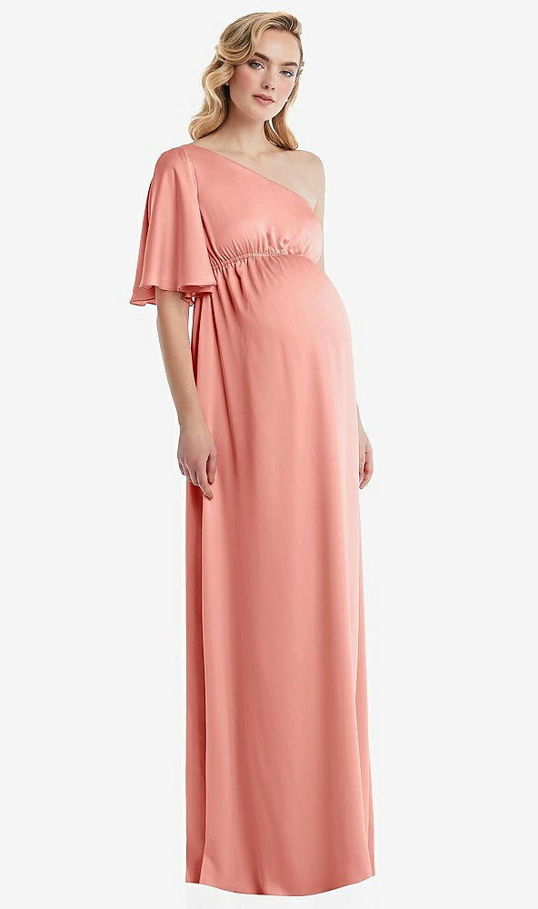 Front View - Rose - PANTONE Rose Quartz One-Shoulder Flutter Sleeve Maternity Dress