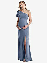 Front View Thumbnail - Larkspur Blue One-Shoulder Ruffle Sleeve Maternity Trumpet Gown