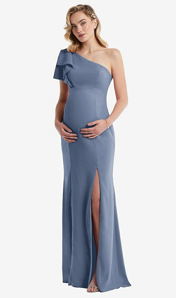 Front View - Larkspur Blue One-Shoulder Ruffle Sleeve Maternity Trumpet Gown