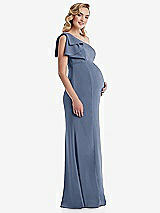 Side View Thumbnail - Larkspur Blue One-Shoulder Ruffle Sleeve Maternity Trumpet Gown