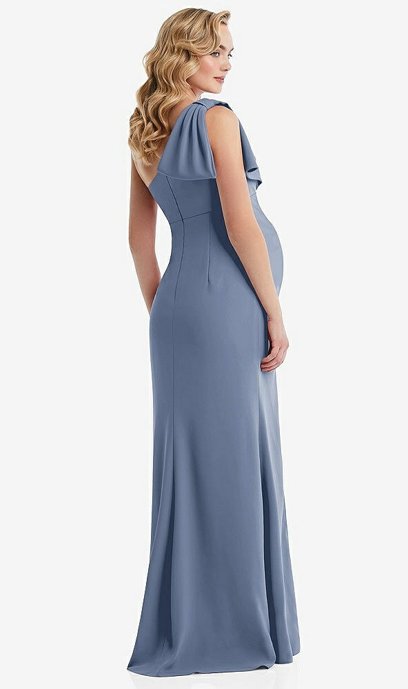 Back View - Larkspur Blue One-Shoulder Ruffle Sleeve Maternity Trumpet Gown