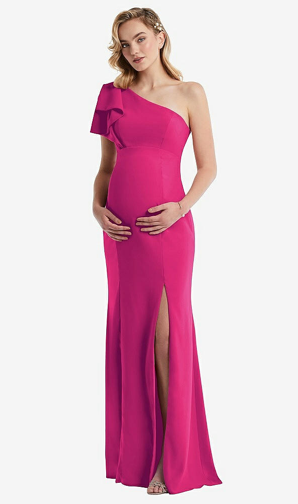 Front View - Think Pink One-Shoulder Ruffle Sleeve Maternity Trumpet Gown