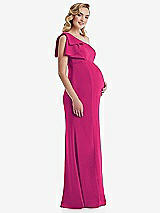 Side View Thumbnail - Think Pink One-Shoulder Ruffle Sleeve Maternity Trumpet Gown
