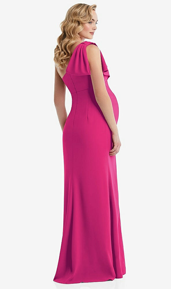 Back View - Think Pink One-Shoulder Ruffle Sleeve Maternity Trumpet Gown