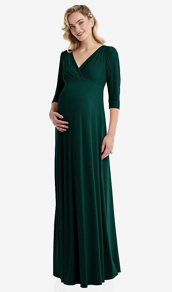 Front View - Evergreen 3/4 Sleeve Wrap Bodice Maternity Dress