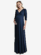 Front View Thumbnail - Midnight Navy 3/4 Sleeve Wrap Bodice Maternity Dress