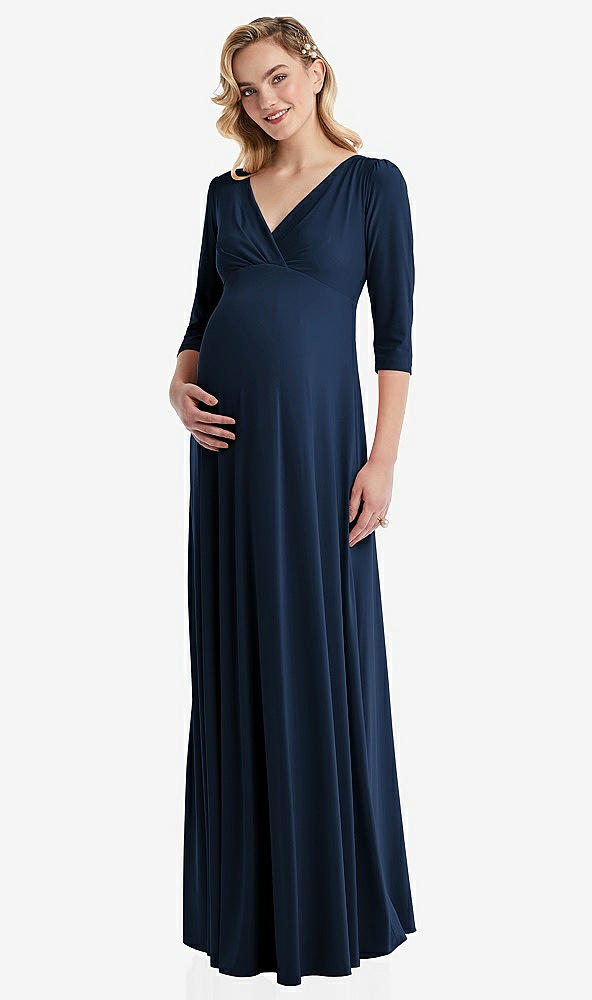 Front View - Midnight Navy 3/4 Sleeve Wrap Bodice Maternity Dress