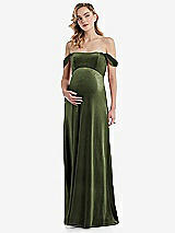Front View Thumbnail - Olive Green Off-the-Shoulder Flounce Sleeve Velvet Maternity Dress