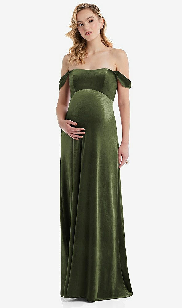 Front View - Olive Green Off-the-Shoulder Flounce Sleeve Velvet Maternity Dress