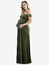 Side View Thumbnail - Olive Green Off-the-Shoulder Flounce Sleeve Velvet Maternity Dress