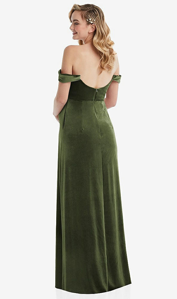 Back View - Olive Green Off-the-Shoulder Flounce Sleeve Velvet Maternity Dress
