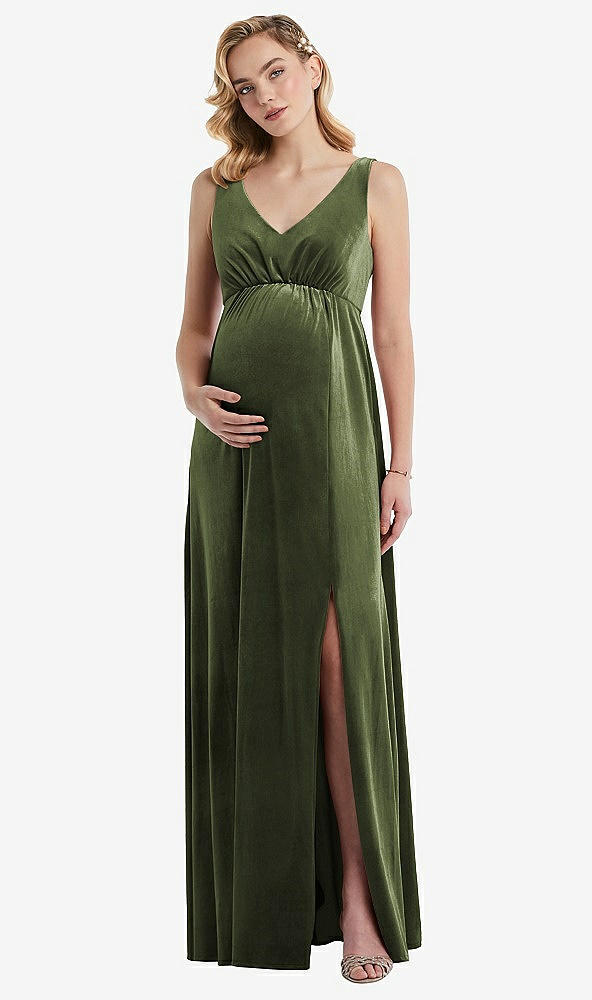 Front View - Olive Green V-Neck Closed-Back Velvet Maternity Dress with Pockets