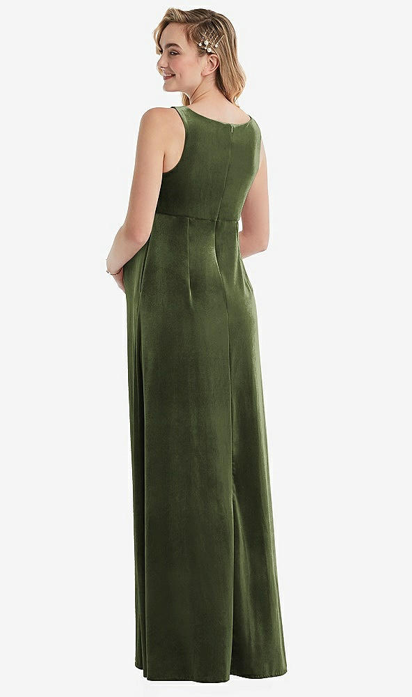 Back View - Olive Green V-Neck Closed-Back Velvet Maternity Dress with Pockets