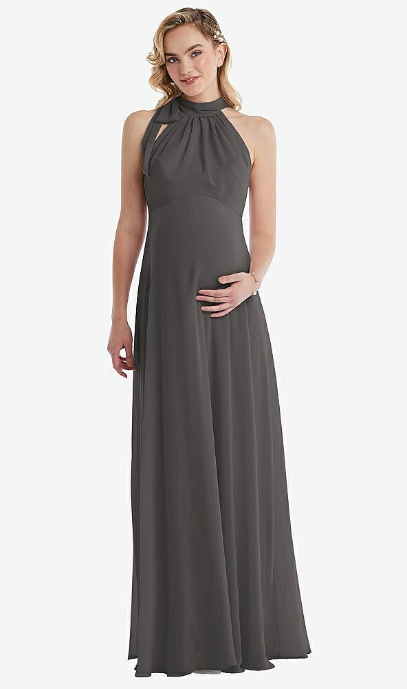 Front View - Caviar Gray Scarf Tie High Neck Halter Chiffon Maternity Dress