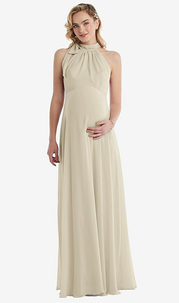 Front View - Champagne Scarf Tie High Neck Halter Chiffon Maternity Dress
