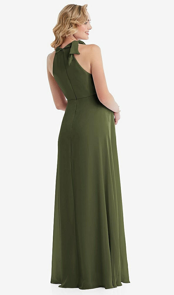 Back View - Olive Green Scarf Tie High Neck Halter Chiffon Maternity Dress