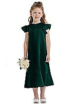 Front View Thumbnail - Evergreen Flutter Sleeve Ruffle-Hem Satin Flower Girl Dress