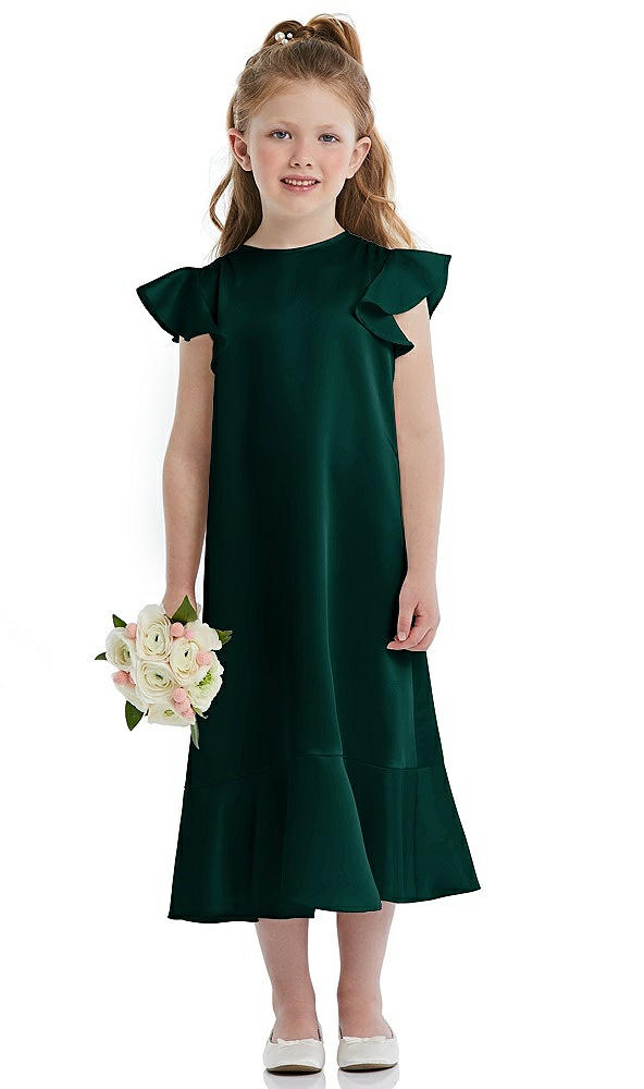Front View - Evergreen Flutter Sleeve Ruffle-Hem Satin Flower Girl Dress